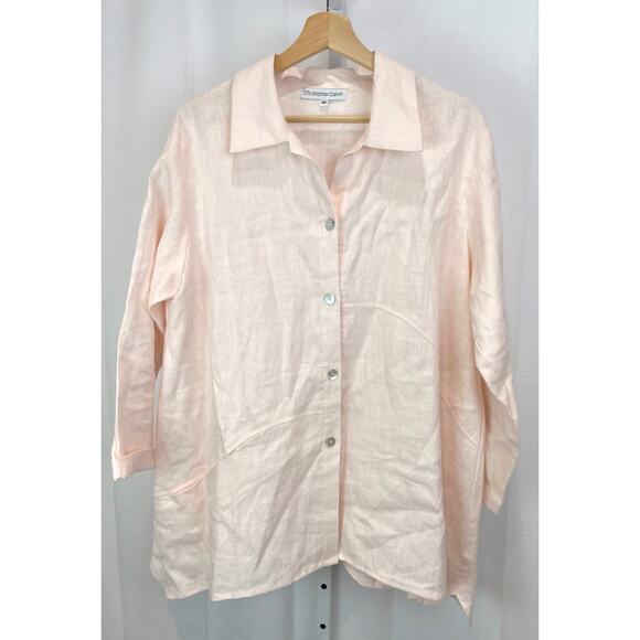 Christopher Calvin Tops - CHRISTOPHER CALVIN  Size M Linen Button Front Tunic Top Long Sleeve USA Pink
